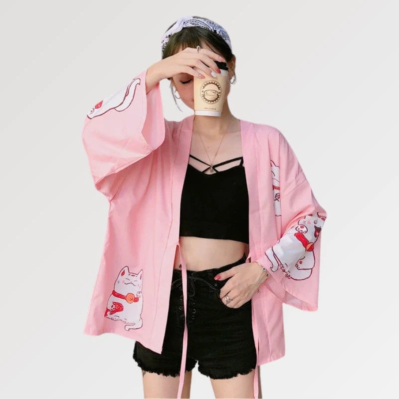 Pink Kimono Cardigan 'Maneki Neko' - Image 3