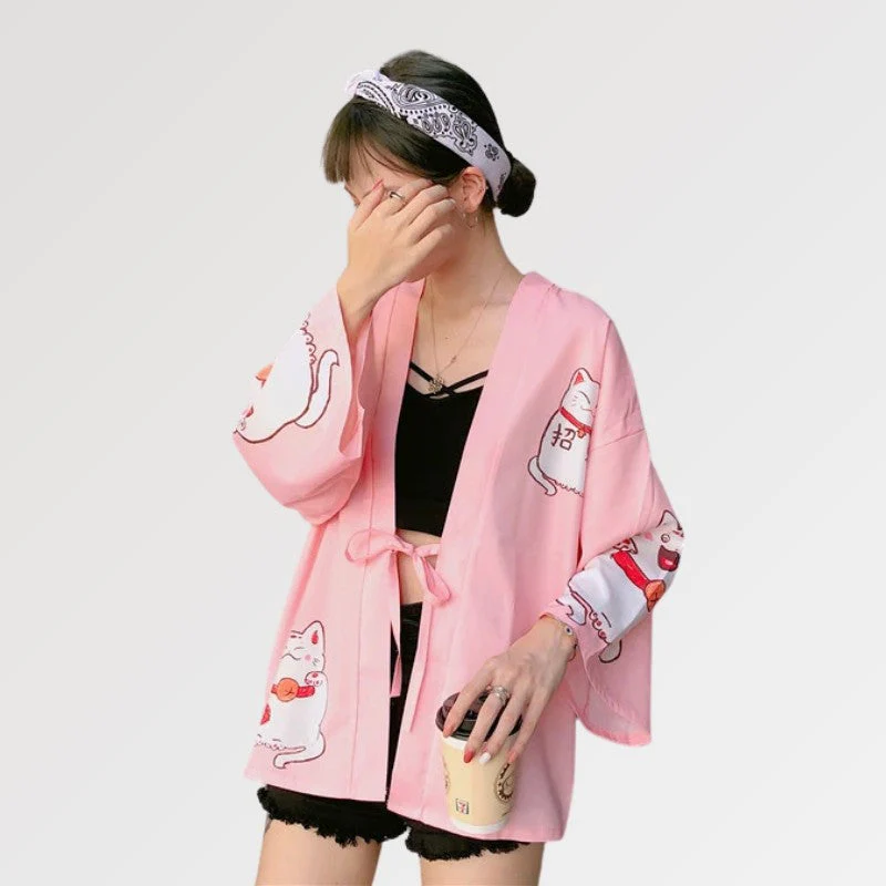 Pink Kimono Cardigan 'Maneki Neko' - Image 4